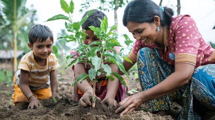 Poster - A family planting a tree together as part of an outdoor activity 