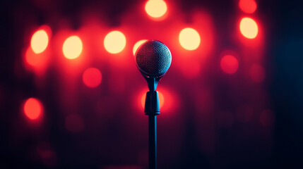 A microphone stands center stage illuminated by a vibrant array of red and orange bokeh lights behind it