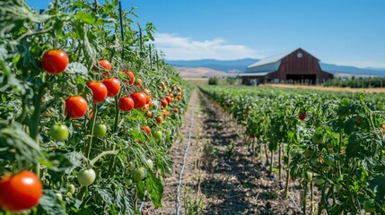 Poster - A farm field with rows of cherry tomatoes ready for harvest, with a barn in the background. 
