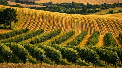 Poster - A farm landscape featuring rows of cherry trees surrounded by golden fields. 