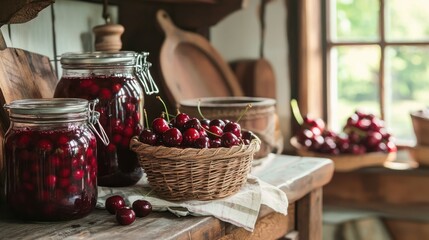 Poster - A farmhouse kitchen counter with jars of homemade cherry juice and a basket of cherries.