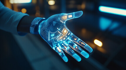 Poster - Close up of a futuristic human hand with glowing blue lines and circuitry in a dark environment