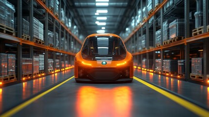 Poster - an automated vehicle moves along a well organized aisle in a modern logistics warehouse, efficiently