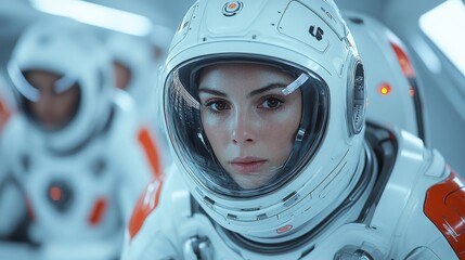 Poster - An astronaut, equipped with advanced gear, is focused and ready for an important mission. The sophisticated environment highlights the blend of technology and human determination in space exploration.