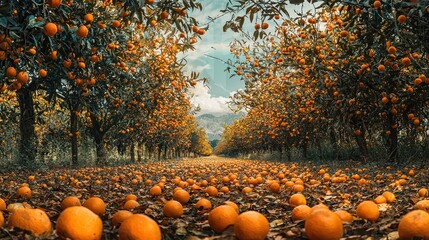 Poster - A grove of orange trees with fallen fruits scattered on the ground. 
