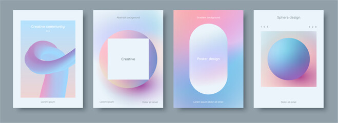 Aufkleber - Trendy aesthetic gradient background poster with copy space. Vector set of elegant banners with geometric shapes, sphere and square, dynamic line. Typography design or web covers for business