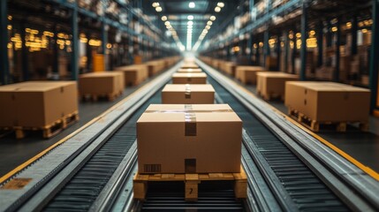 Aufkleber - Cardboard boxes are neatly arranged on conveyor belts in a spacious warehouse, as workers manage inventory and ensure efficient processing in the logistics hub.