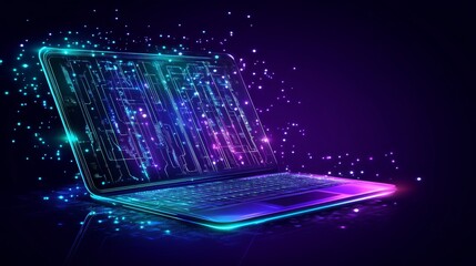 Aufkleber - Neon Cyberpunk Laptop Glowing Circuitry, Geometric Design on a Futuristic Technology Background
