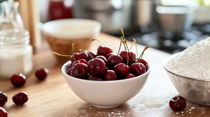Poster - A kitchen island with a bowl of cherries next to other ingredients for baking. 