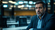 © Di - Distressed businessman sitting alone in a modern office, surrounded by empty desks, symbolizing corporate layoff and uncertainty, emotional impact of job loss.
