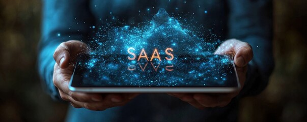 Poster - Hands Holding Tablet Displaying SaaS Technology Concept with Digital Glow