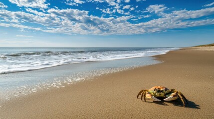 Poster - A Maryland crab resting on a sandy beach with gentle waves in the distance.
