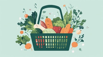 Poster - illustration of a green shopping basket filled with fresh vegetables and fruits on a soft pastel background Generative AI