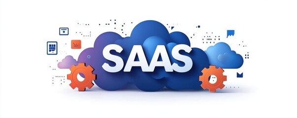 Poster - Colorful cloud-themed SaaS concept with digital icons and elements