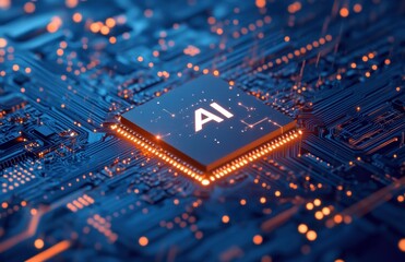 Poster - Close-up of AI Chip on Illuminated Circuit Board with Orange Highlights