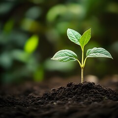 Aufkleber - Small Green Plant Growing in Rich Soil Against Soft Green Background