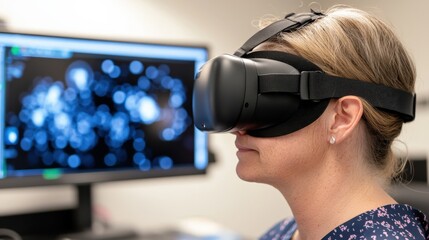 Poster - woman engaged in virtual reality experience in modern workspace