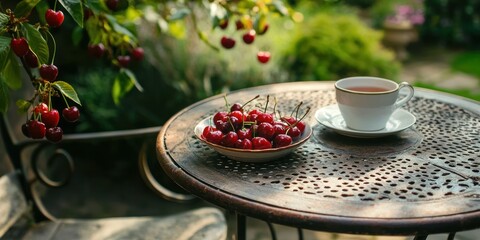 Poster - A patio table overlooking a garden, with a bowl of cherries and a cup of tea. 
