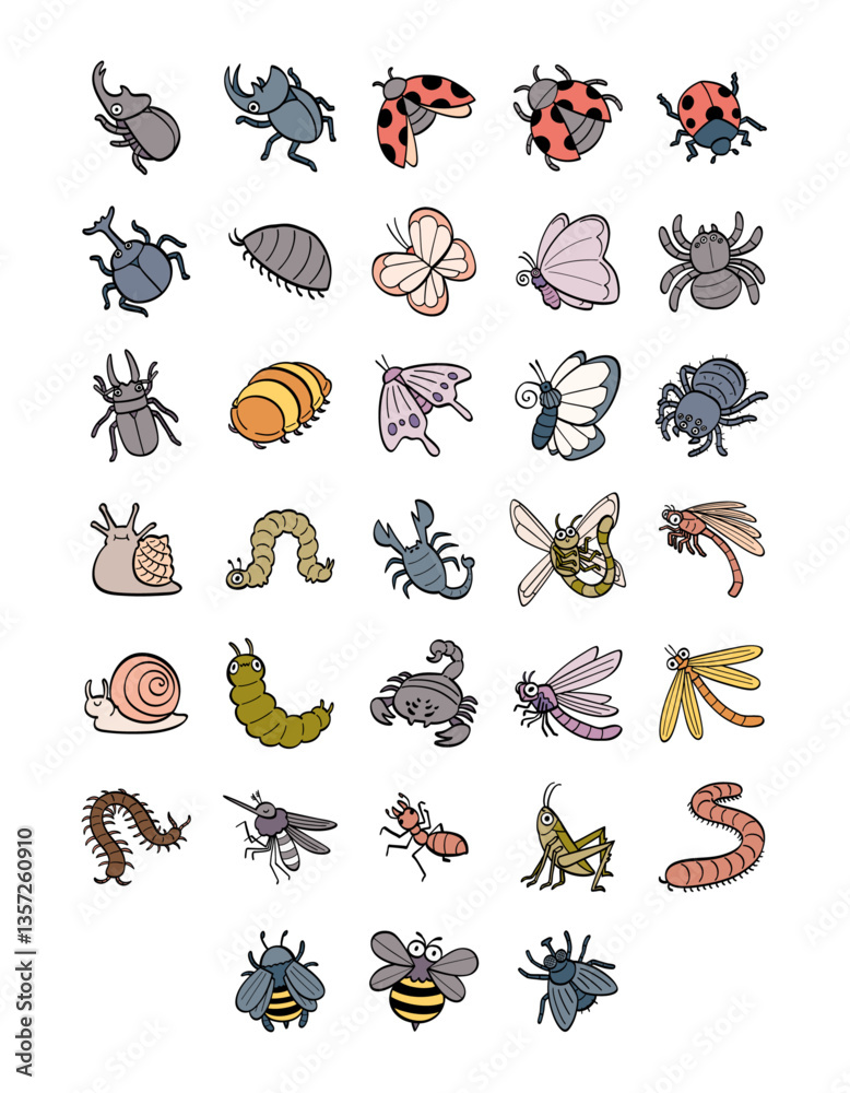 hand drawn cute cartoon character set of an insect illustration. Stock ...