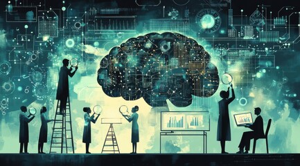 Poster - Scientists Exploring Artificial Intelligence Represented by a Digital Brain Diagram