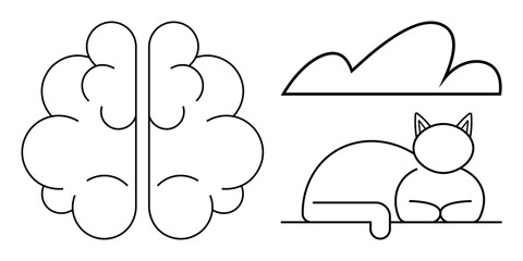 Abstract black line brain with cloud-thumbs up design, simple cloud outline, and curled sleeping cat. Ideal for creativity, relaxation, ideas, calm, imagination, mindfulness simplicity flat simple