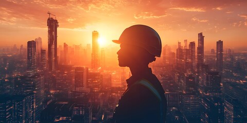 Poster - Silhouette of Construction Worker Against Sunset Over City Skyline