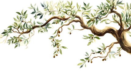 Watercolor lush olive tree branches with leaves for nature-themed designs