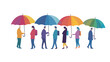 © 忘 西 - The image is a digital illustration depicting a row of diverse individuals standing under a series of large, colorful, rainbow-hued umbrellas.  The style is flat design with simplified human
