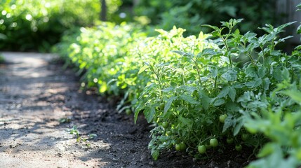 Poster - A row of cherry tomato plants growing along a sunny garden path. 