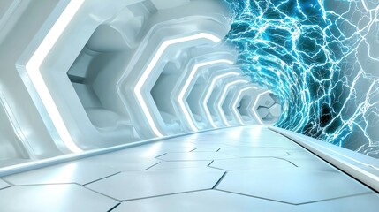 Poster - White futuristic background with layered hexagons and electric blue light streaks.
