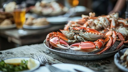 Poster - A rustic seafood restaurant hosting a crab feast night with a festive atmosphere.