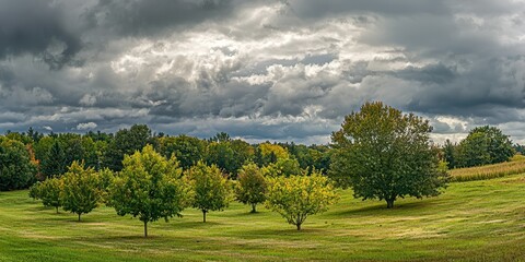 Poster - A scenic orchard featuring black cherry trees under a cloudy sky in late summer. 