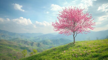 Poster - A single cherry tree standing on a hilltop, with a panoramic view of the valley below. 