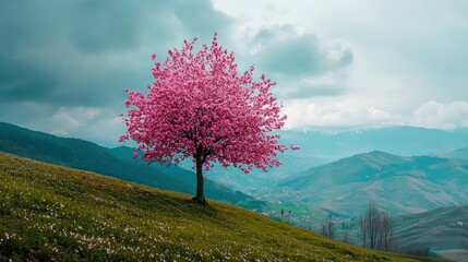 Poster - A single cherry tree standing on a hilltop, with a panoramic view of the valley below. 