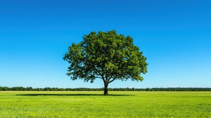 Poster - A single oak tree standing tall in a vast open field under a clear blue sky. 