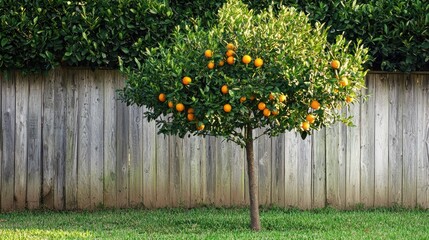 Poster - A single orange tree growing in a backyard, surrounded by a fence.