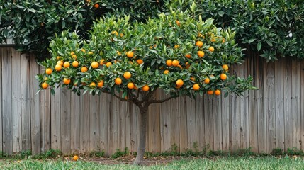Poster - A single orange tree growing in a backyard, surrounded by a fence. 