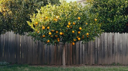 Poster - A single orange tree growing in a backyard, surrounded by a fence.