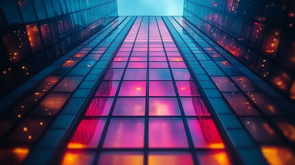 Poster - A futuristic building illuminated by glowing digital network lines, representing smart construction technology, innovation, connectivity, and the future of urban development