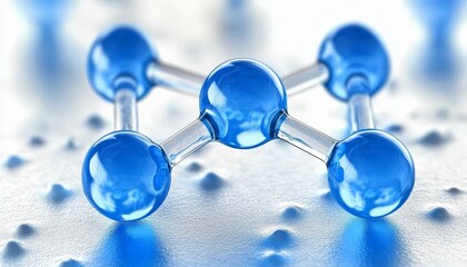 Poster - Luminous blue molecule structure, connected nodes, bright pathways, vibrant hues and textures.