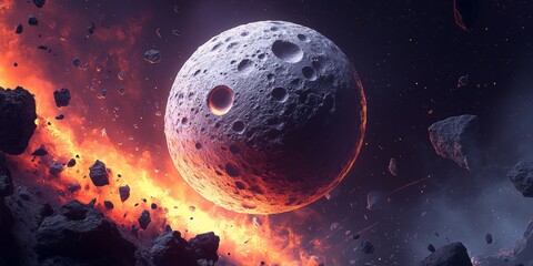 Wall Mural - giant gray planet with craters travels through asteroid field, dramatic and cinematic digital art
