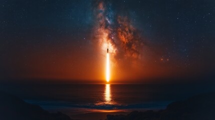 Poster - The rocket ascends into the night sky, leaving a bright trail of fire over the ocean, highlighting the power of modern aerospace technology and innovative recovery methods during launch.