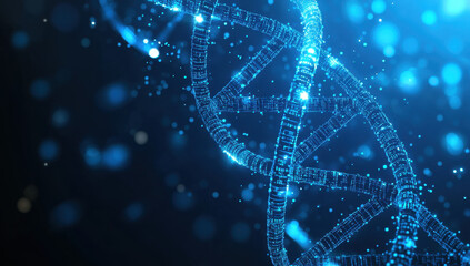 Complex blue DNA helix structure shines brightly against a dark backdrop adorned with luminous digital particles, depicting modern biotechnology