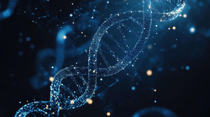 Wall Mural - a striking dna double helix with sparkling elements on a dark blue background captures the essence o