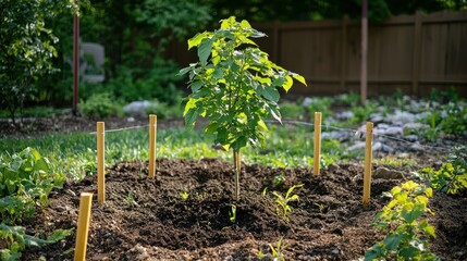 Poster - A small tree surrounded by stakes and rope for support, freshly planted.