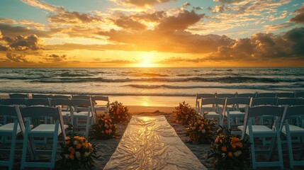 Aufkleber - A sunset beach wedding ceremony with golden light reflecting on the waves 