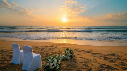 Aufkleber - A sunset beach wedding ceremony with golden light reflecting on the waves 
