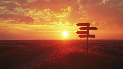 Aufkleber - A sunset scene where arrows pointing in different directions are silhouetted in the foreground. 