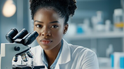 Poster - Young Scientist Examining Samples with Microscope in Laboratory Setting