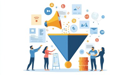 Poster - A team of marketers reviewing funnel data to improve customer engagement and sales processes 